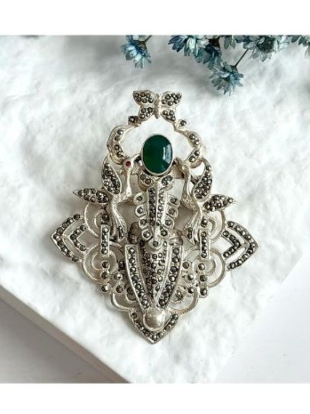 Art Deco Turquoise & Marcasite Gemstone Swan Figural Intricate Brooch